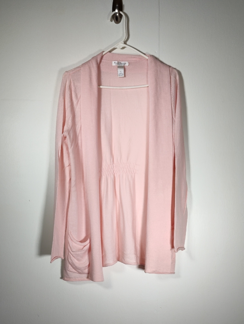Susan Bristol 100% merino wool light pink open front long cardigan sweater M